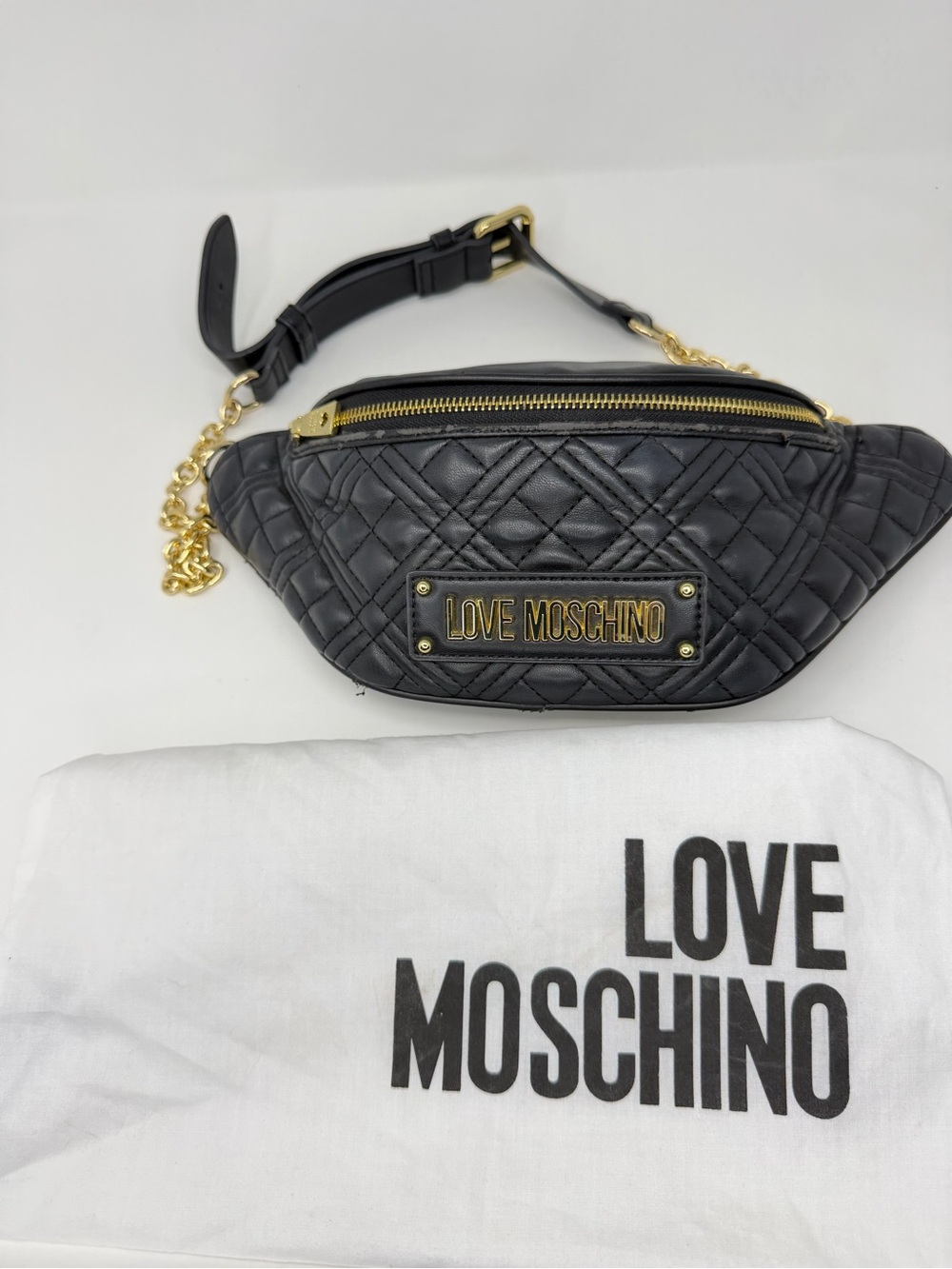 Love Moschino Black Quilted Crossbody Belt Bag with Gold Hardware